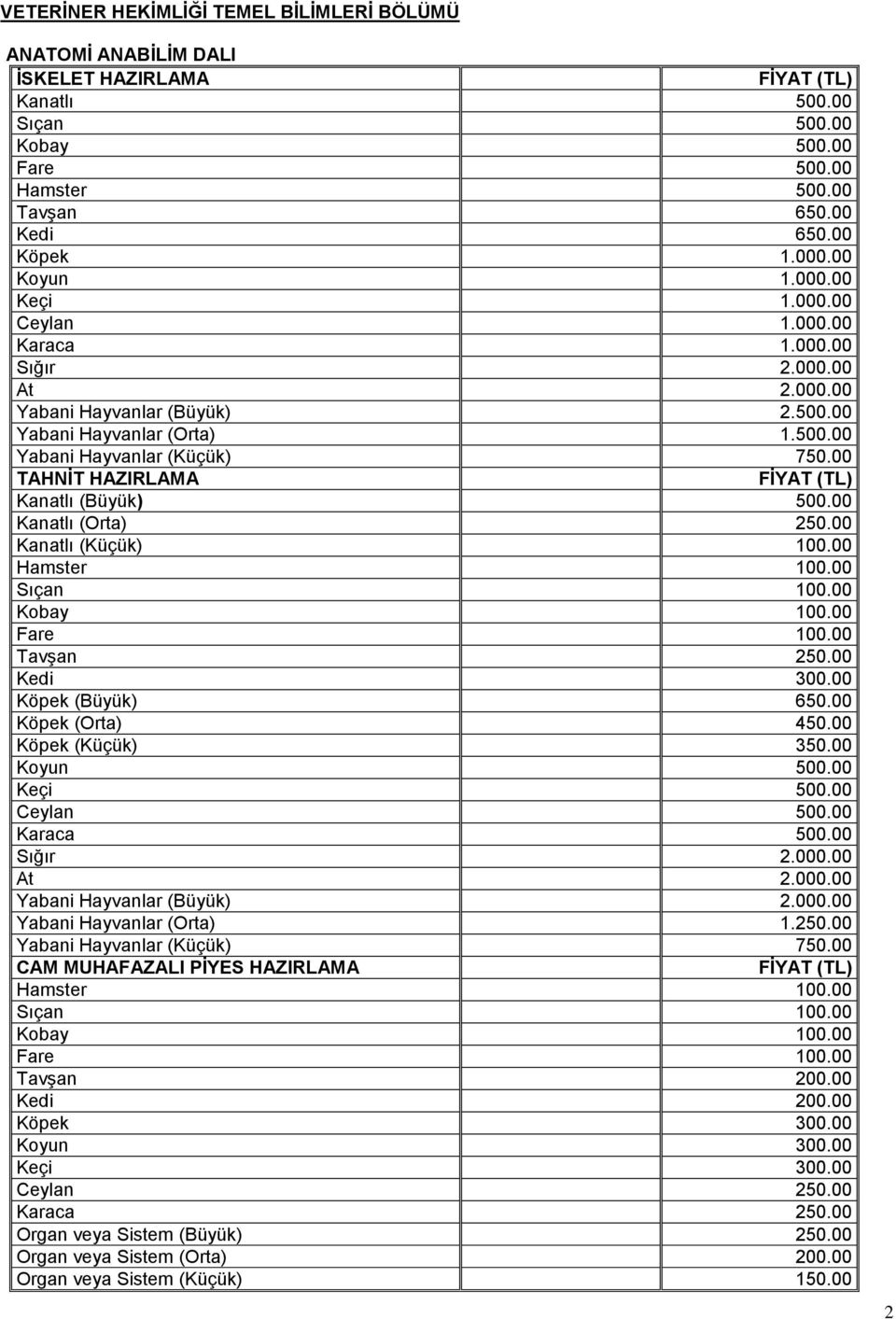 00 TAHNĠT HAZIRLAMA Kanatlı (Büyük) 500.00 Kanatlı (Orta) 250.00 Kanatlı (Küçük) 100.00 Hamster 100.00 Sıçan 100.00 Kobay 100.00 Fare 100.00 Tavşan 250.00 Kedi 300.00 Köpek (Büyük) 650.