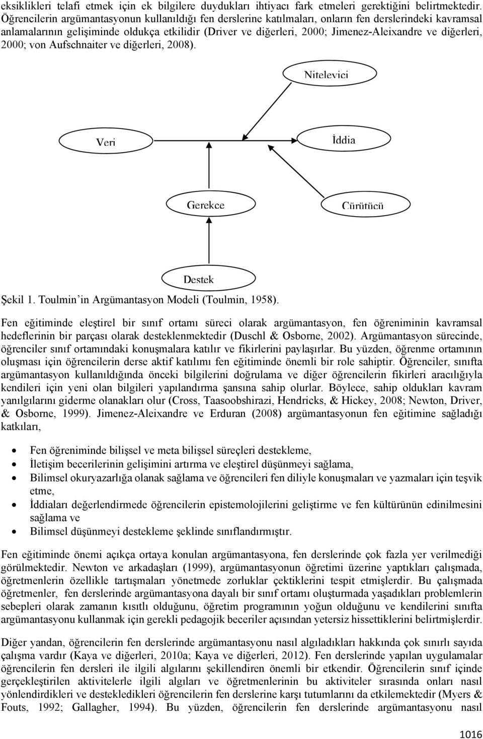 diğerleri, 2000; von Aufschnaiter ve diğerleri, 2008). Niteleyici Veri İddia Gerekçe Çürütücü Destek Şekil 1. Toulmin in Argümantasyon Modeli (Toulmin, 1958).