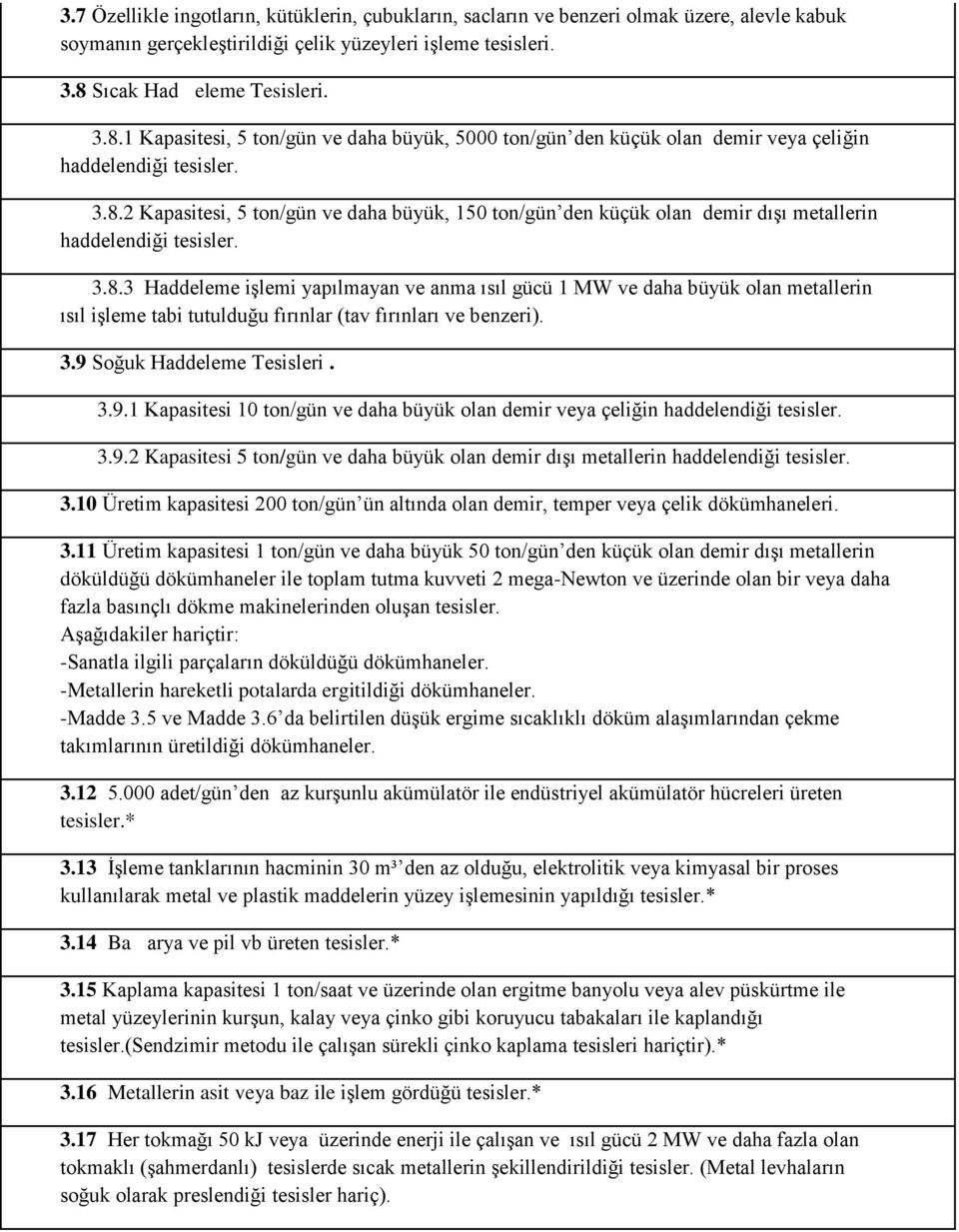 3.8.3 Haddeleme işlemi yapılmayan ve anma ısıl gücü 1 MW ve daha büyük olan metallerin ısıl işleme tabi tutulduğu fırınlar (tav fırınları ve benzeri). 3.9 