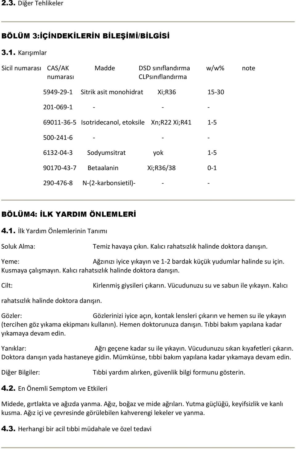 Xi;R41 1-5 500-241-6 - - - 6132-04-3 Sodyumsitrat yok 1-5 90170-43-7 Betaalanin Xi;R36/38 0-1 290-476-8 N-(2-karbonsietil)- - - BÖLÜM4: İLK YARDIM ÖNLEMLERİ 4.1. İlk Yardım Önlemlerinin Tanımı Soluk Alma: Temiz havaya çıkın.
