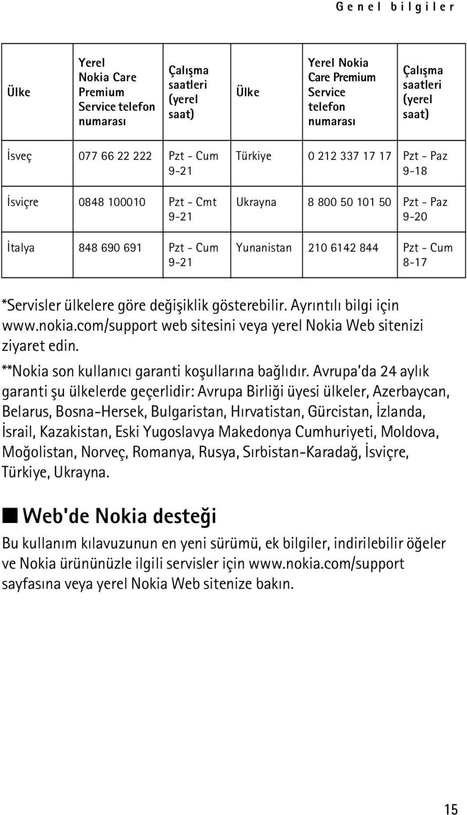 Cum 8-17 *Servisler ülkelere göre deðiþiklik gösterebilir. Ayrýntýlý bilgi için www.nokia.com/support web sitesini veya yerel Nokia Web sitenizi ziyaret edin.