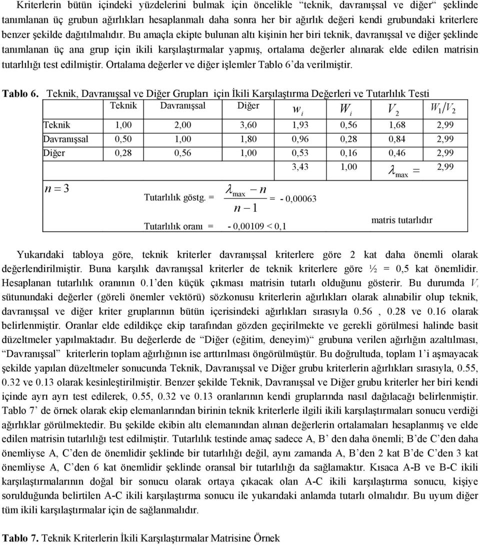 değerler alınarak elde edilen matrisin tutarlılığı test edilmiştir Ortalama değerler ve diğer işlemler Tablo 6 da verilmiştir Tablo 6 Teknik, Davranışsal ve Diğer Grupları için Đkili Karşılaştırma