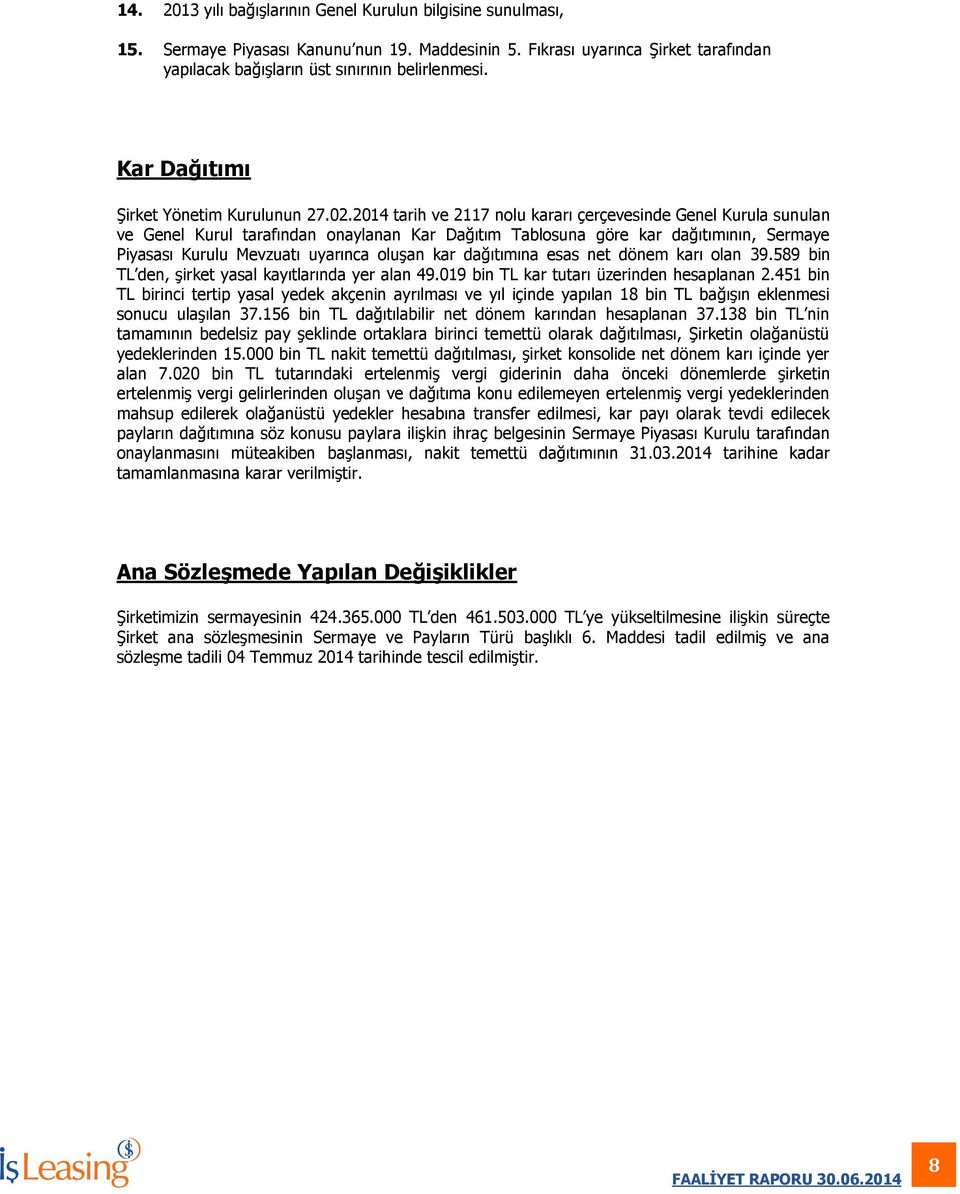 2014 tarih ve 2117 nolu kararı çerçevesinde Genel Kurula sunulan ve Genel Kurul tarafından onaylanan Kar Dağıtım Tablosuna göre kar dağıtımının, Sermaye Piyasası Kurulu Mevzuatı uyarınca oluşan kar