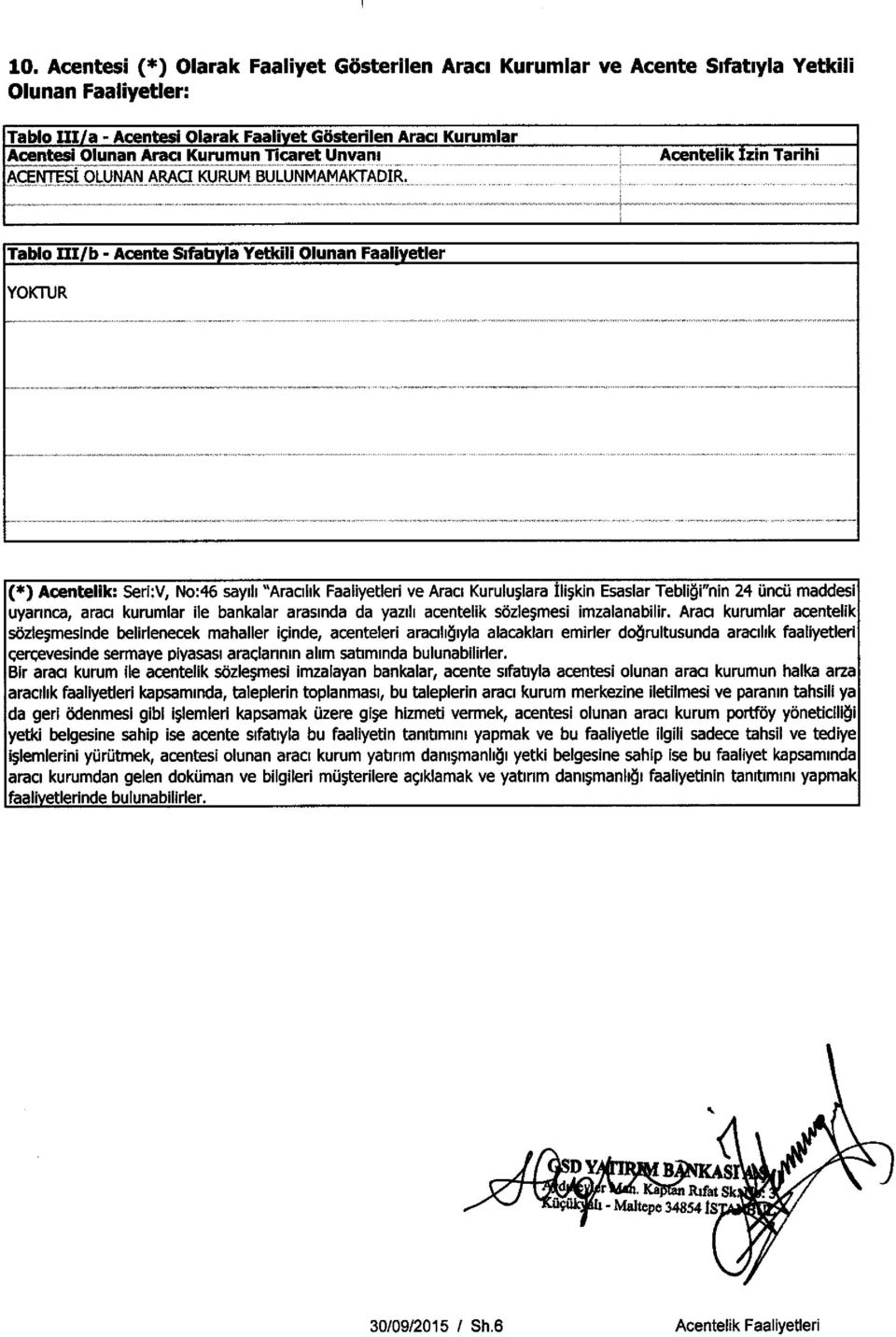 Acentelik Izin Tarihi Tablo III/ b - Acente Sifatiyla Yetitili Olunan Faallyetler YOKTUR (*) Acentelik: Seri:V, No:46 saydi "Aracdik Faaliyetleri ve Araci Kurulu;lara tli;kin Esaslar Teblioi"nin 24