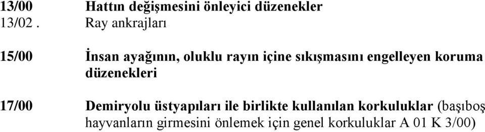 engelleyen koruma düzenekleri 17/00 Demiryolu üstyapıları ile birlikte