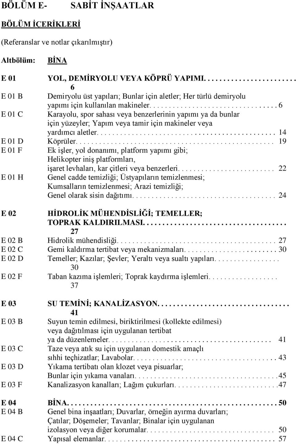 ................................ 6 E 01 C Karayolu, spor sahası veya benzerlerinin yapımı ya da bunlar için yüzeyler; Yapım veya tamir için makineler veya yardımcı aletler.............................................. 14 E 01 D Köprüler.