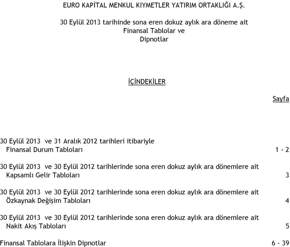 Tabloları 1-2 ve tarihlerinde sona eren dokuz aylık ara dönemlere ait Kapsamlı Gelir Tabloları 3 ve