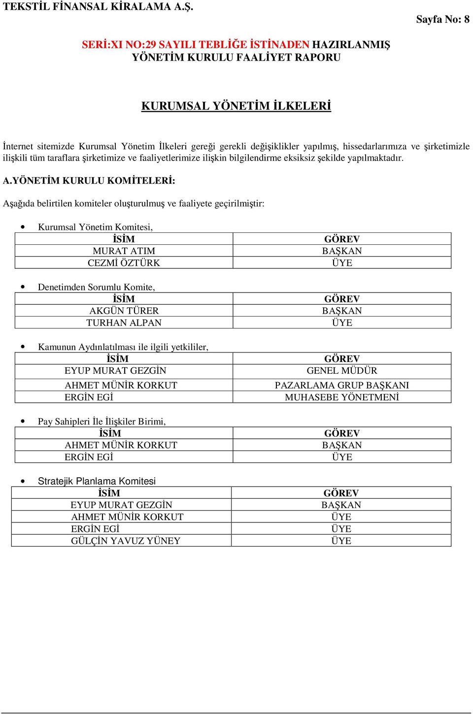 YÖNETM KURULU KOMTELER: Aaıda belirtilen komiteler oluturulmu ve faaliyete geçirilmitir: Kurumsal Yönetim Komitesi, SM MURAT ATIM CEZM ÖZTÜRK Denetimden Sorumlu Komite, SM AKGÜN TÜRER TURHAN ALPAN