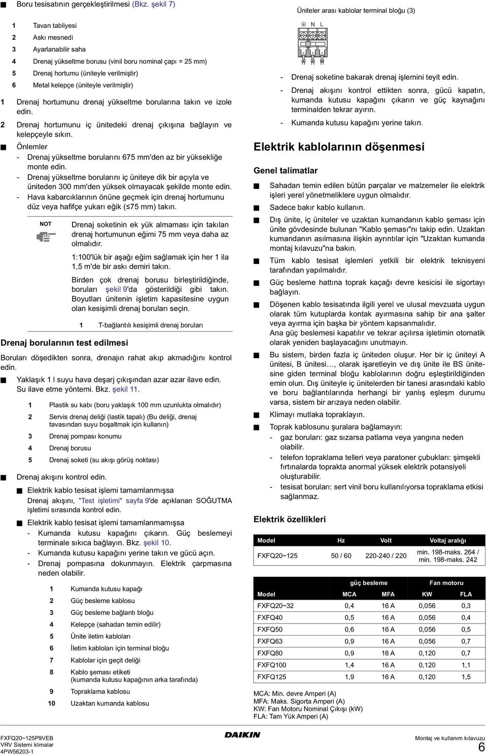 - Hava kabarcıklarının önüne geçmek için drenaj hortumunu düz veya hafifçe yukarı eğik ( 7 mm) takın.