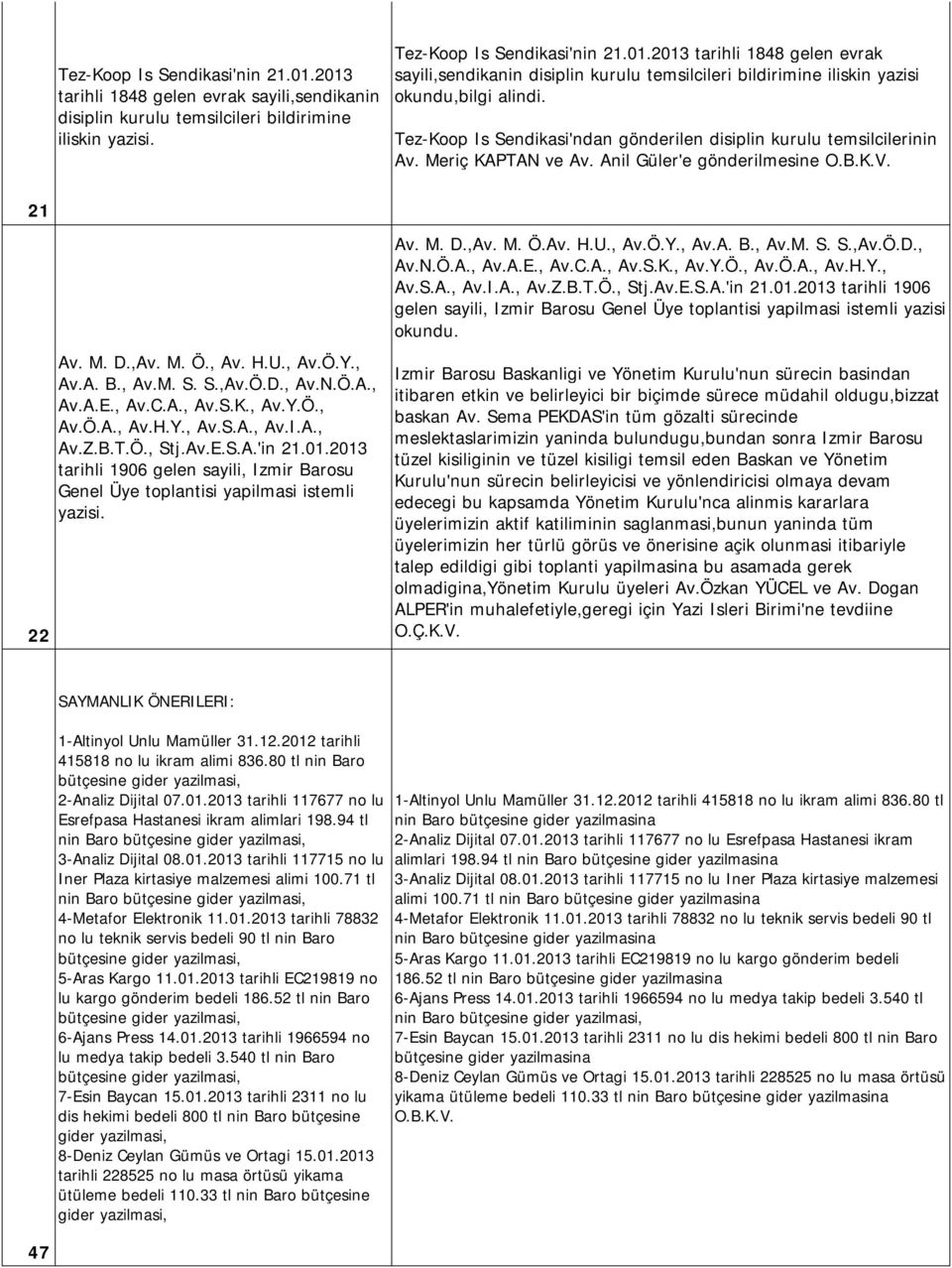 , Av.C.A., Av.S.K., Av.Y.Ö., Av.Ö.A., Av.H.Y., Av.S.A., Av.I.A., Av.Z.B.T.Ö., Stj.Av.E.S.A.'in 21.01.2013 tarihli 1906 gelen sayili, Izmir Barosu Genel Üye toplantisi yapilmasi istemli yazisi. Av. M.