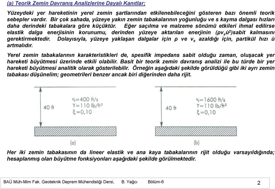 Eğer saçılma ve malzeme sönümü etkileri ihmal edilirse elastik dalga enerjisinin korunumu, derinden yüzeye aktarılan enerjinin (ρv s ù 2 )sabit kalmasını gerektirmektedir.