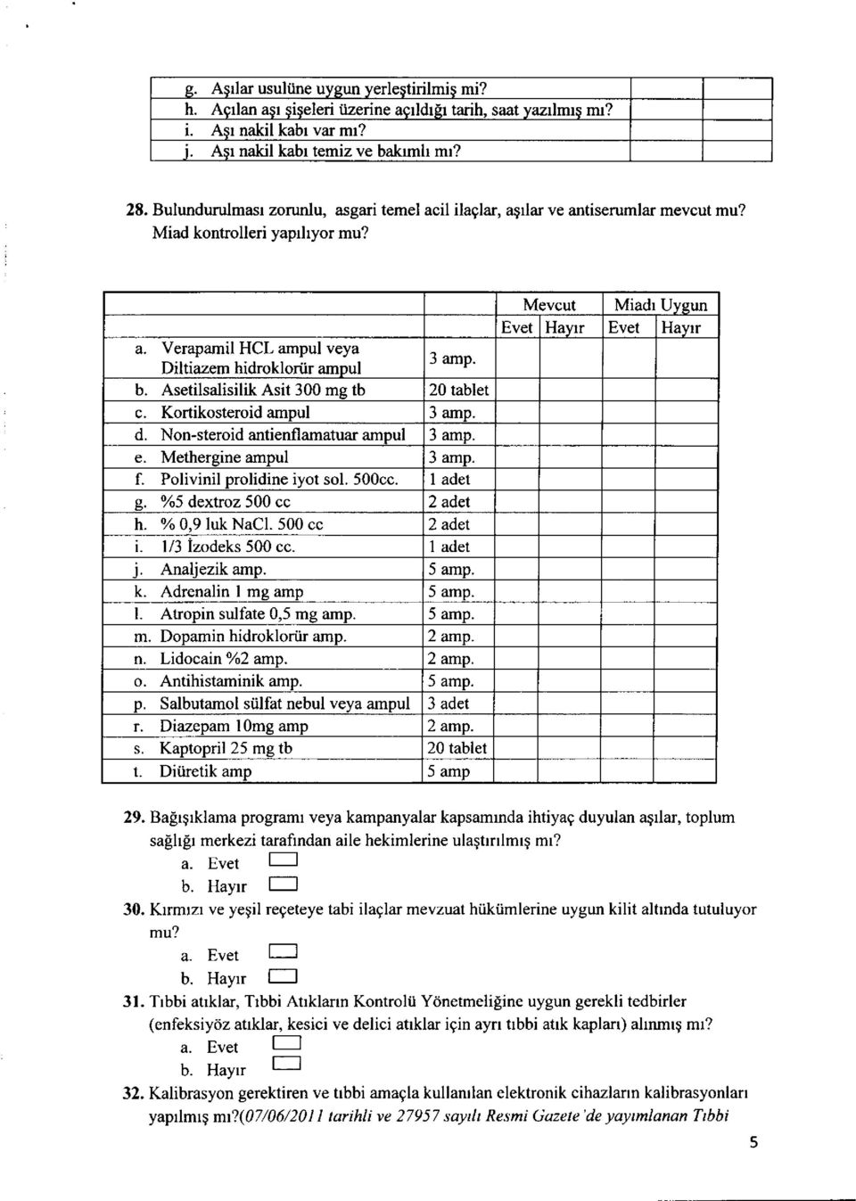 Asetilsalisilik Asit 300 me tb 20 tablet c. Kortikosteroid amoul 3 amp. d. Non-steroid antienflamatuarampul 3 amp. e. Methergine ampul 3 amp. f. Polivinil prolidine iyot sol. 500cc. I adet s.