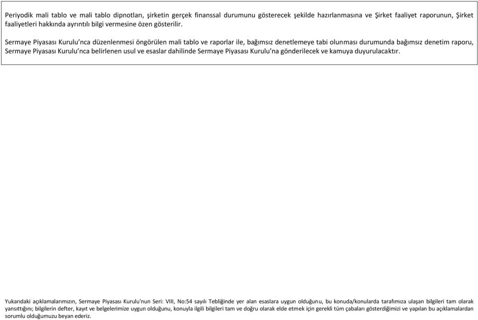 Sermaye Piyasası Kurulu nca düzenlenmesi öngörülen mali tablo ve raporlar ile, bağımsız denetlemeye tabi olunması durumunda