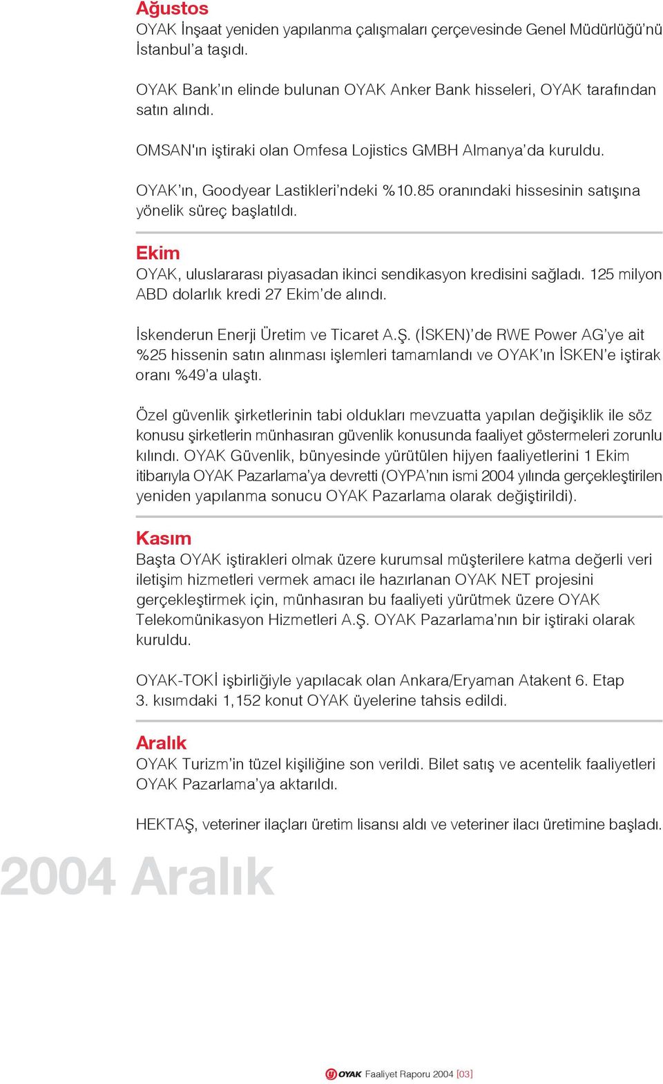 Ekim OYAK, uluslararas piyasadan ikinci sendikasyon kredisini sa lad. 125 milyon ABD dolarl k kredi 27 Ekim de al nd. skenderun Enerji Üretim ve Ticaret A.fi.