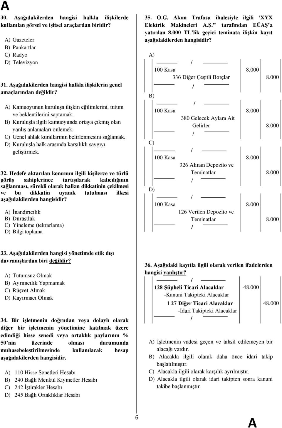 B) KuruluĢla ilgili kamuoyunda ortaya çıkmıģ olan yanlıģ anlamaları önlemek. C) Genel ahlak kurallarının belirlenmesini sağlamak. D) KuruluĢla halk arasında karģılıklı saygıyı geliģtirmek. 32.