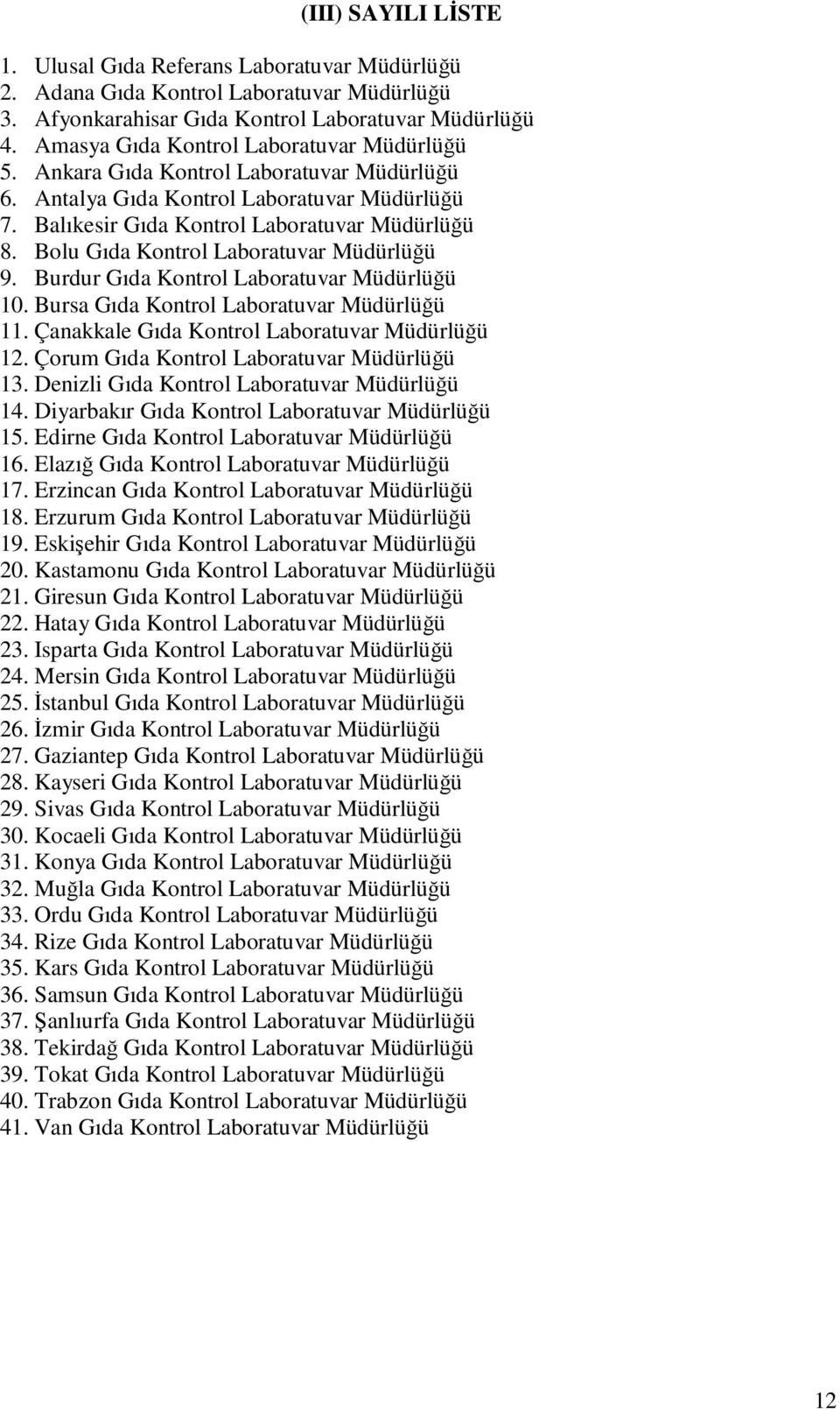 Bolu Gıda Kontrol Laboratuvar Müdürlüğü 9. Burdur Gıda Kontrol Laboratuvar Müdürlüğü 10. Bursa Gıda Kontrol Laboratuvar Müdürlüğü 11. Çanakkale Gıda Kontrol Laboratuvar Müdürlüğü 12.