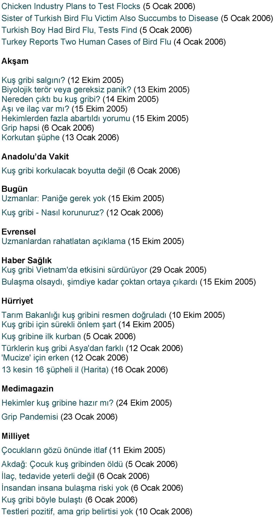 (15 Ekim 2005) Hekimlerden fazla abartıldı yorumu (15 Ekim 2005) Grip hapsi (6 Ocak 2006) Korkutan şüphe (13 Ocak 2006) Anadolu da Vakit Kuş gribi korkulacak boyutta değil (6 Ocak 2006) Bugün