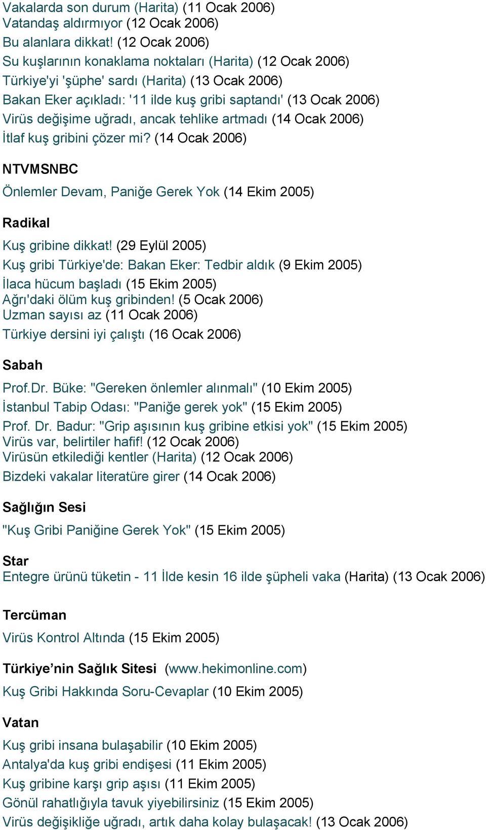 değişime uğradı, ancak tehlike artmadı (14 Ocak 2006) İtlaf kuş gribini çözer mi? (14 Ocak 2006) NTVMSNBC Önlemler Devam, Paniğe Gerek Yok (14 Ekim 2005) Radikal Kuş gribine dikkat!