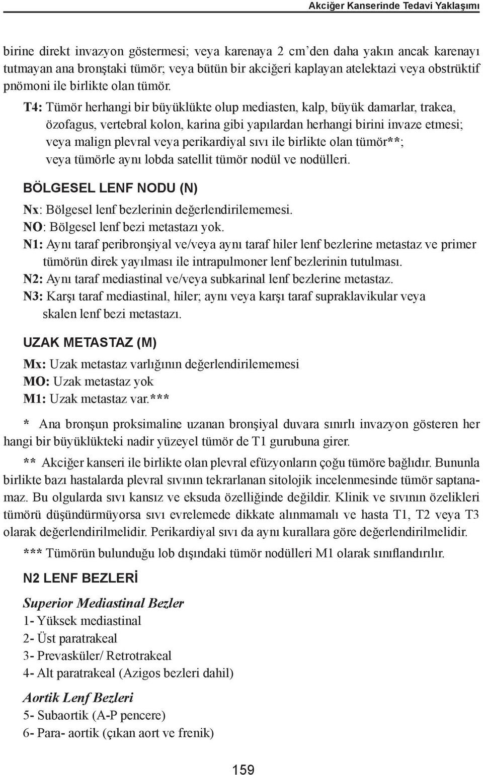 T4: Tümör herhangi bir büyüklükte olup mediasten, kalp, büyük damarlar, trakea, özofagus, vertebral kolon, karina gibi yapılardan herhangi birini invaze etmesi; veya malign plevral veya perikardiyal