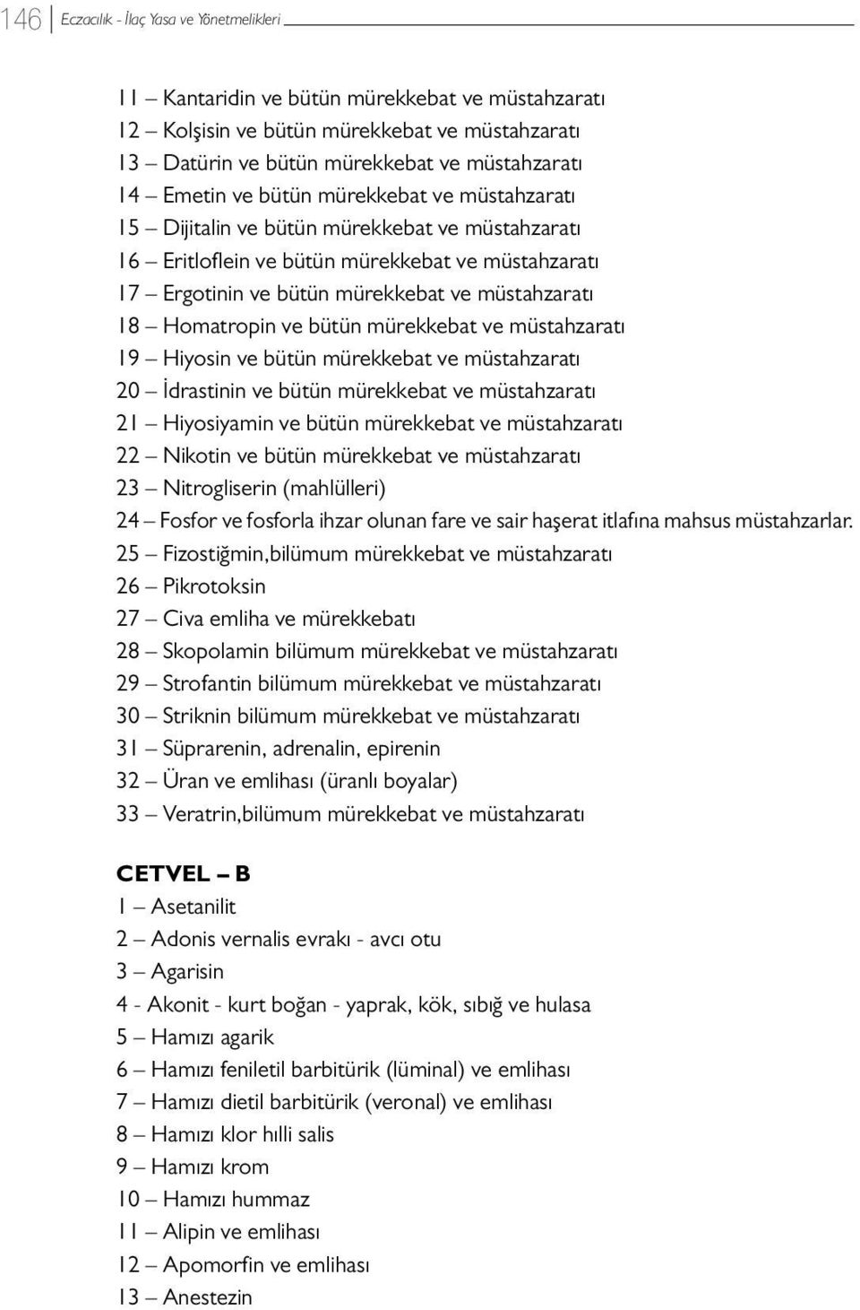 ve bütün mürekkebat ve müstahzaratı 19 Hiyosin ve bütün mürekkebat ve müstahzaratı 20 İdrastinin ve bütün mürekkebat ve müstahzaratı 21 Hiyosiyamin ve bütün mürekkebat ve müstahzaratı 22 Nikotin ve