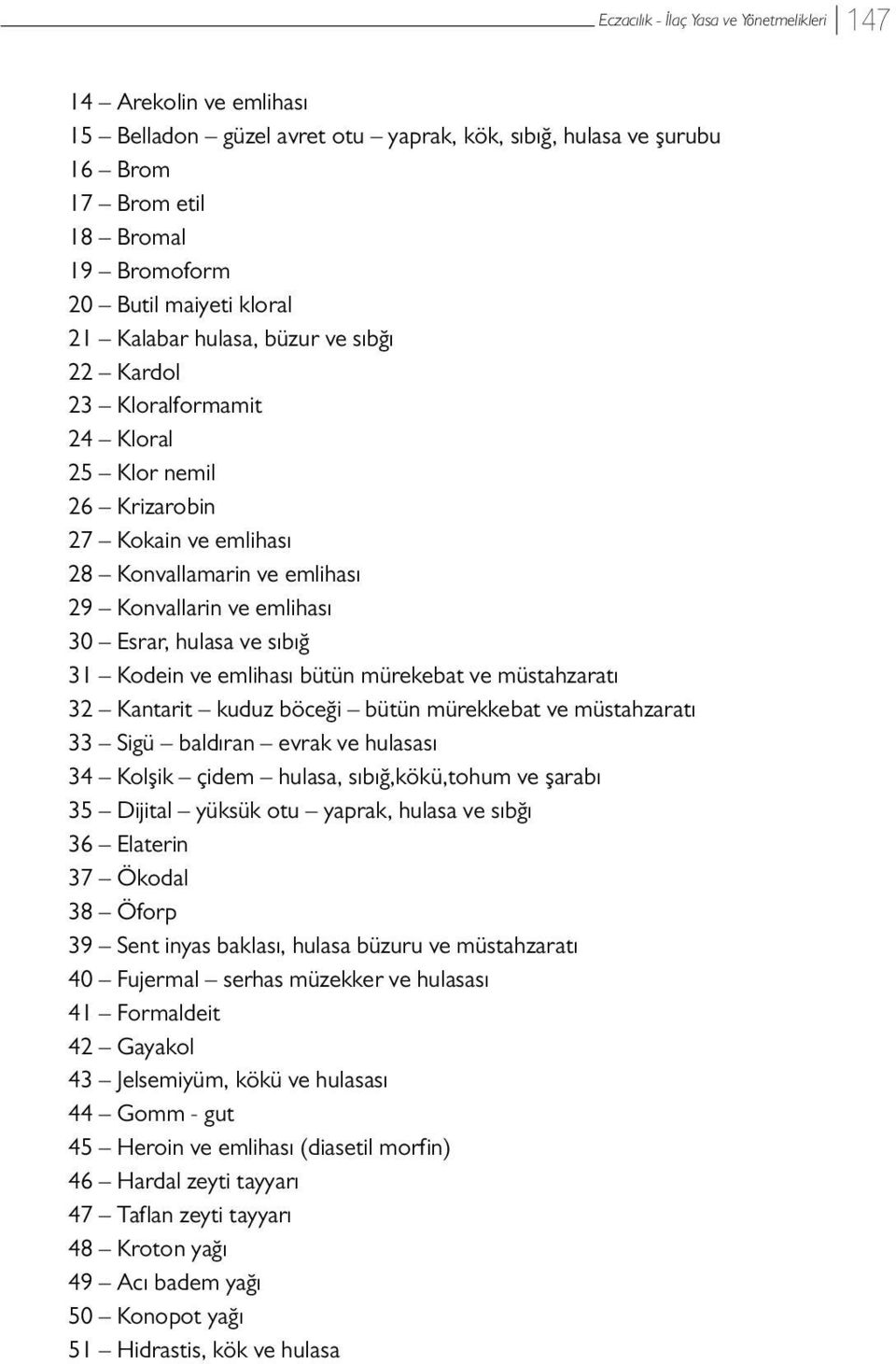 mürekebat ve müstahzaratı 32 Kantarit kuduz böceği bütün mürekkebat ve müstahzaratı 33 Sigü baldıran evrak ve hulasası 34 Kolşik çidem hulasa, sıbığ,kökü,tohum ve şarabı 35 Dijital yüksük otu yaprak,