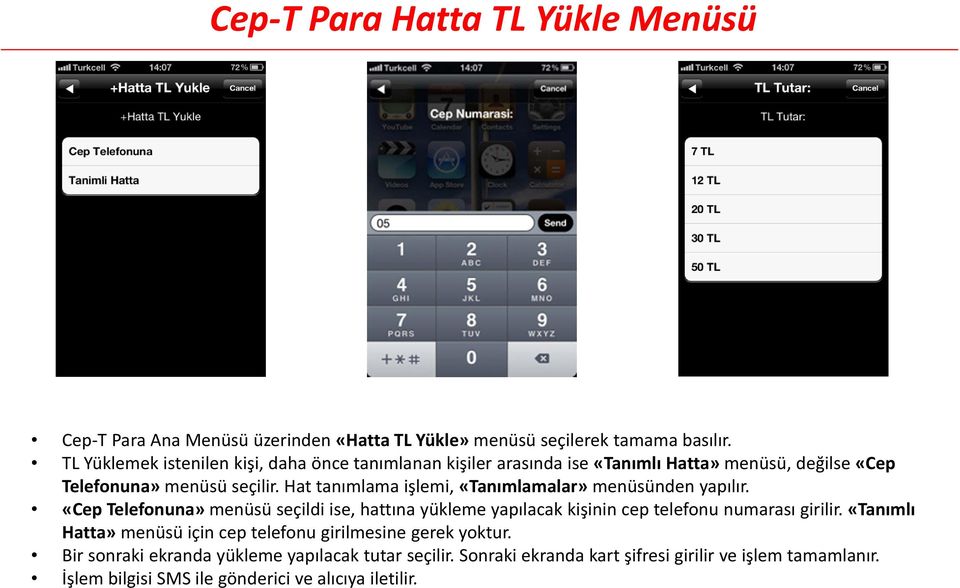 Hat tanımlama işlemi, «Tanımlamalar» menüsünden yapılır. «Cep Telefonuna» menüsü seçildi ise, hattına yükleme yapılacak kişinin cep telefonu numarası girilir.