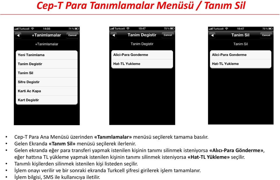 Gelen ekranda eğer para transferi yapmak istenilen kişinin tanımı silinmek isteniyorsa «Alıcı Para Gönderme», eğer hattına TL yükleme yapmak