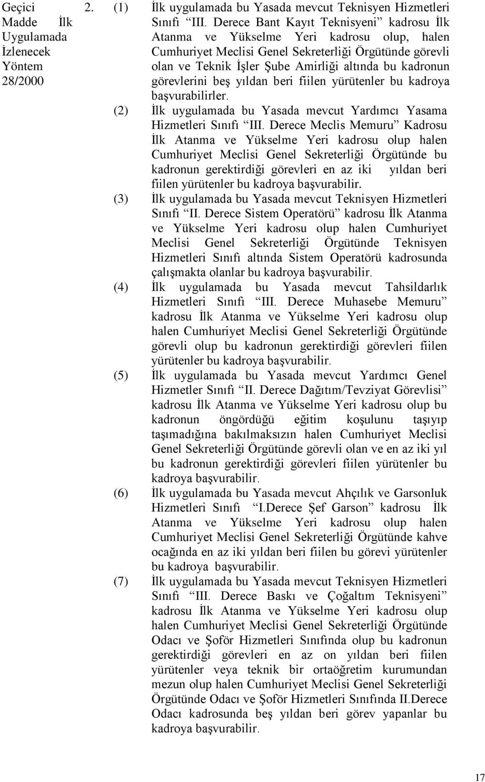 görevlerini beş yıldan beri fiilen yürütenler bu kadroya başvurabilirler. (2) İlk uygulamada bu Yasada mevcut Yardımcı Yasama Hizmetleri Sınıfı III.