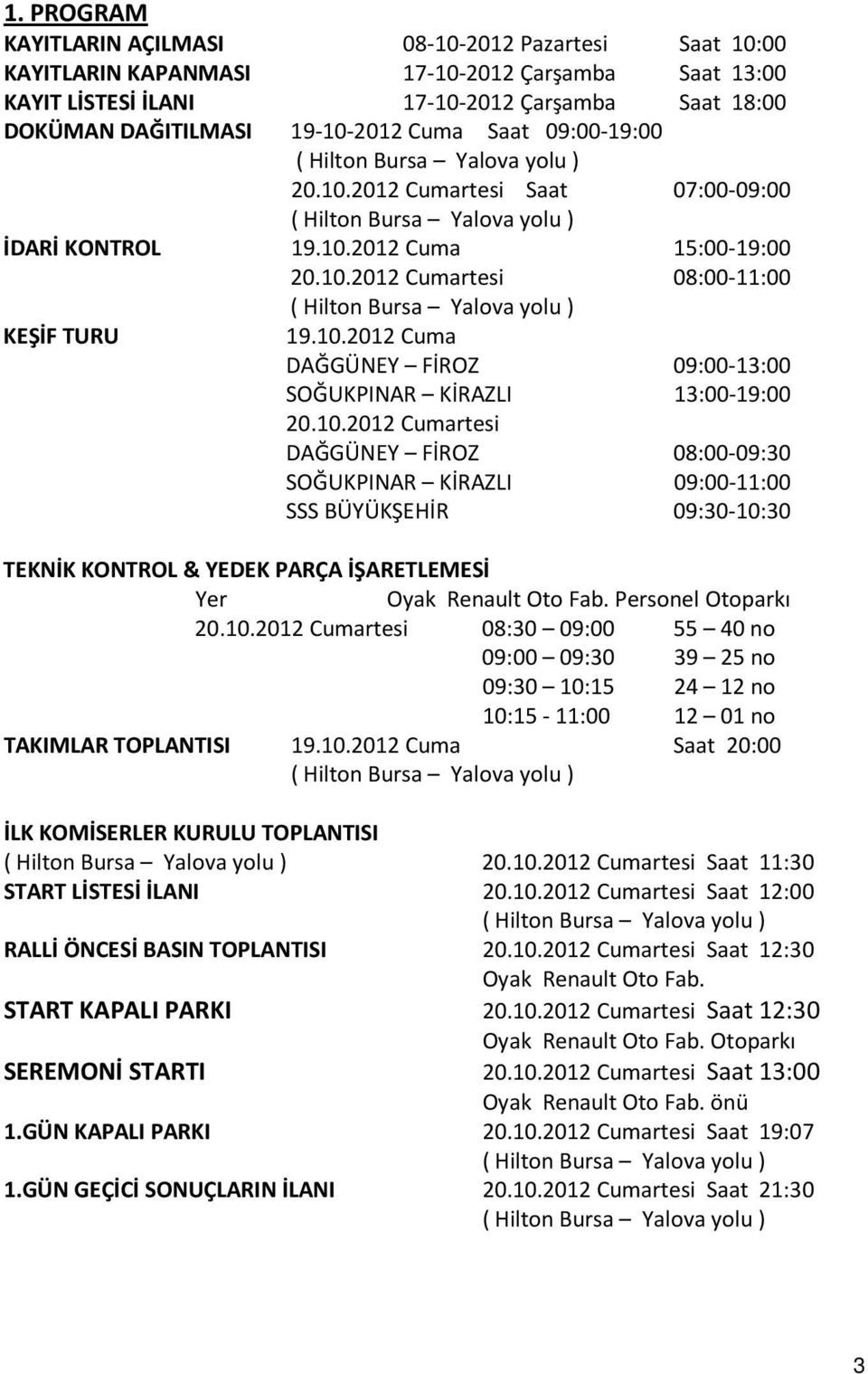 10.2012 Cumartesi DAĞGÜNEY FİROZ 08:00-09:30 SOĞUKPINAR KİRAZLI 09:00-11:00 SSS BÜYÜKŞEHİR 09:30-10:30 TEKNİK KONTROL & YEDEK PARÇA İŞARETLEMESİ Yer Oyak Renault Oto Fab. Personel Otoparkı 20.10.2012 Cumartesi 08:30 09:00 55 40 no 09:00 09:30 39 25 no 09:30 10:15 24 12 no 10:15-11:00 12 01 no TAKIMLAR TOPLANTISI 19.