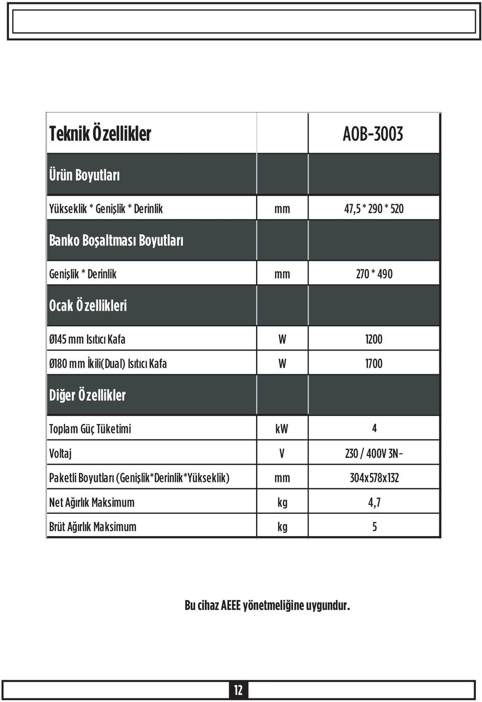 Isýtýcý Kafa W 1700 Diðer Özellikler Toplam Güç Tüketimi kw 2,9 4 Voltaj V 230 / 400V 3N~ Paketli Boyutlarý