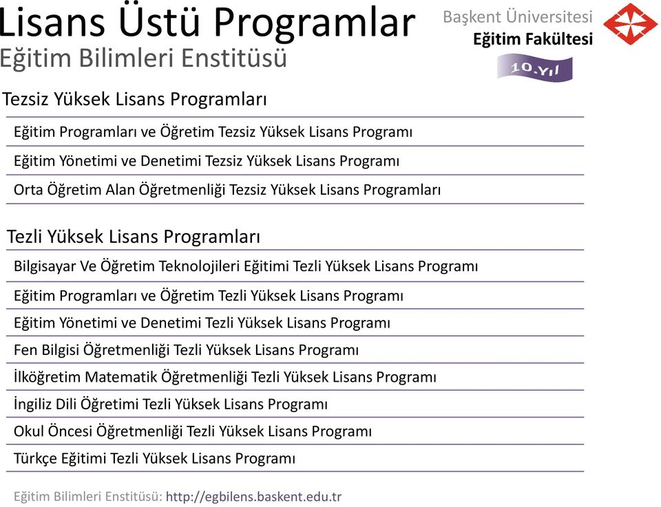 Programları ve Öğretim ğ Tezli Yüksek Lisans Programı Eğitim Yönetimi ve Denetimi Tezli Yüksek Lisans Programı Fen Bilgisi Öğretmenliği Tezli Yüksek Lisans Programı İlköğretim Matematik Öğretmenliği