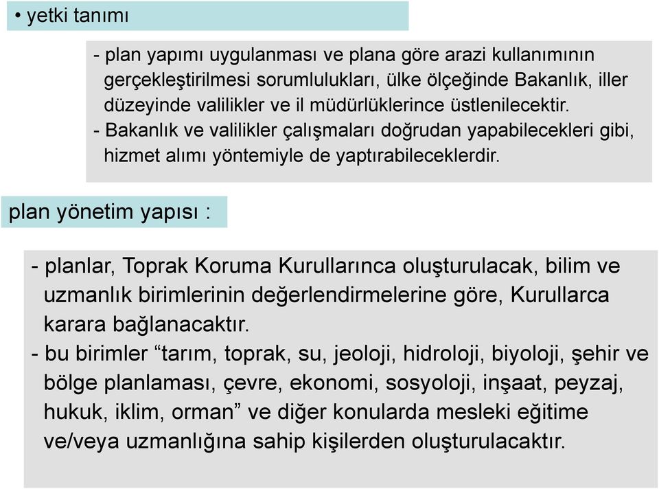 plan yönetim yapısı : - planlar, Toprak Koruma Kurullarınca oluşturulacak, bilim ve uzmanlık birimlerinin değerlendirmelerine göre, Kurullarca karara bağlanacaktır.