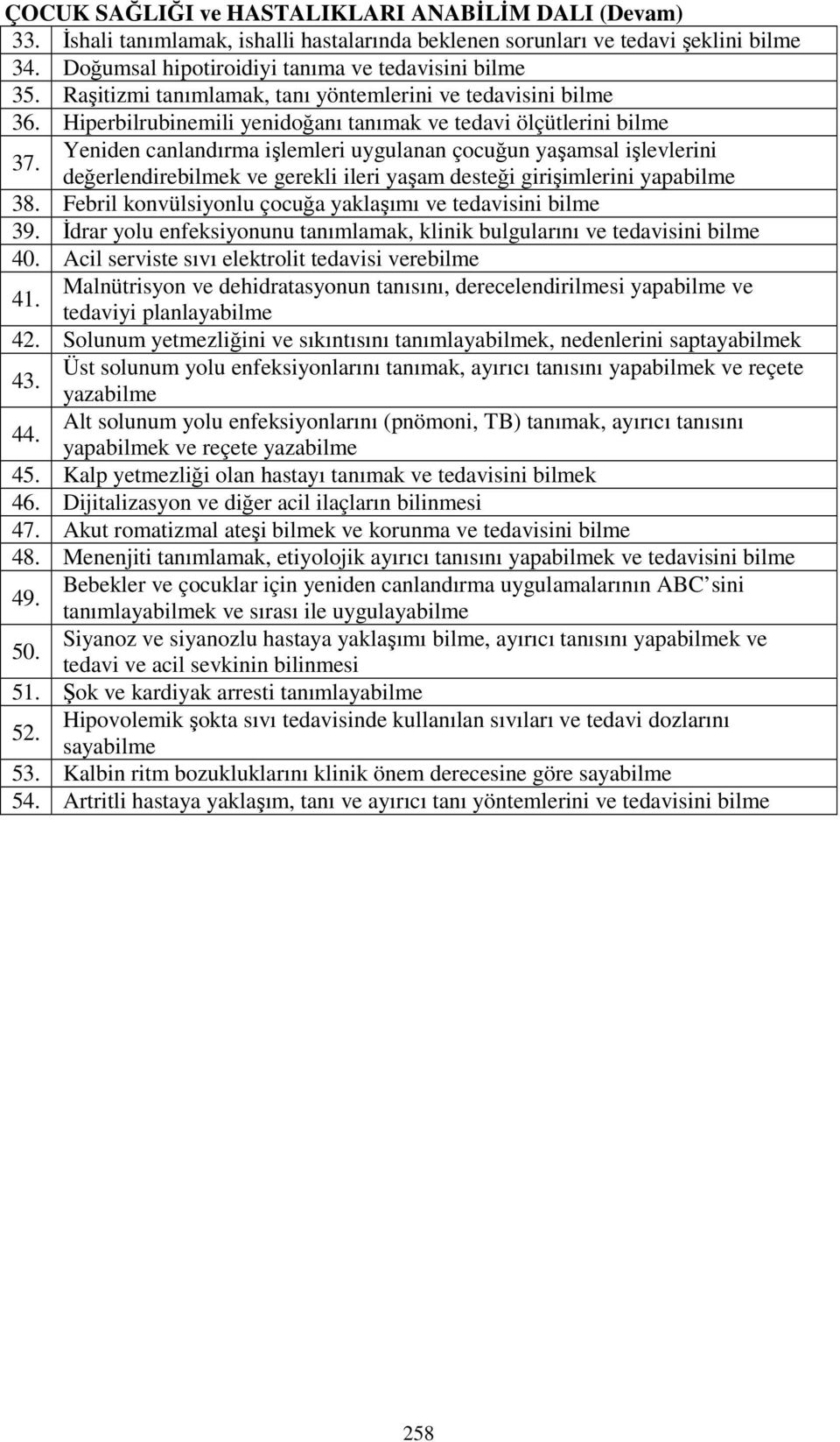 Yeniden canlandırma işlemleri uygulanan çocuğun yaşamsal işlevlerini değerlendirebilmek ve gerekli ileri yaşam desteği girişimlerini yapabilme 38.