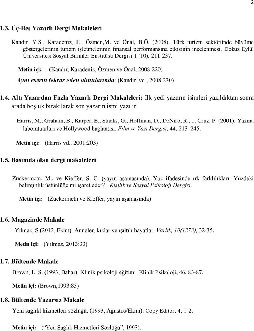 Metin içi: (Kandır, Karadeniz, Özmen ve Önal, 2008:220) Aynı eserin tekrar eden alıntılarında: (Kandır, vd., 2008:230) 1.4.