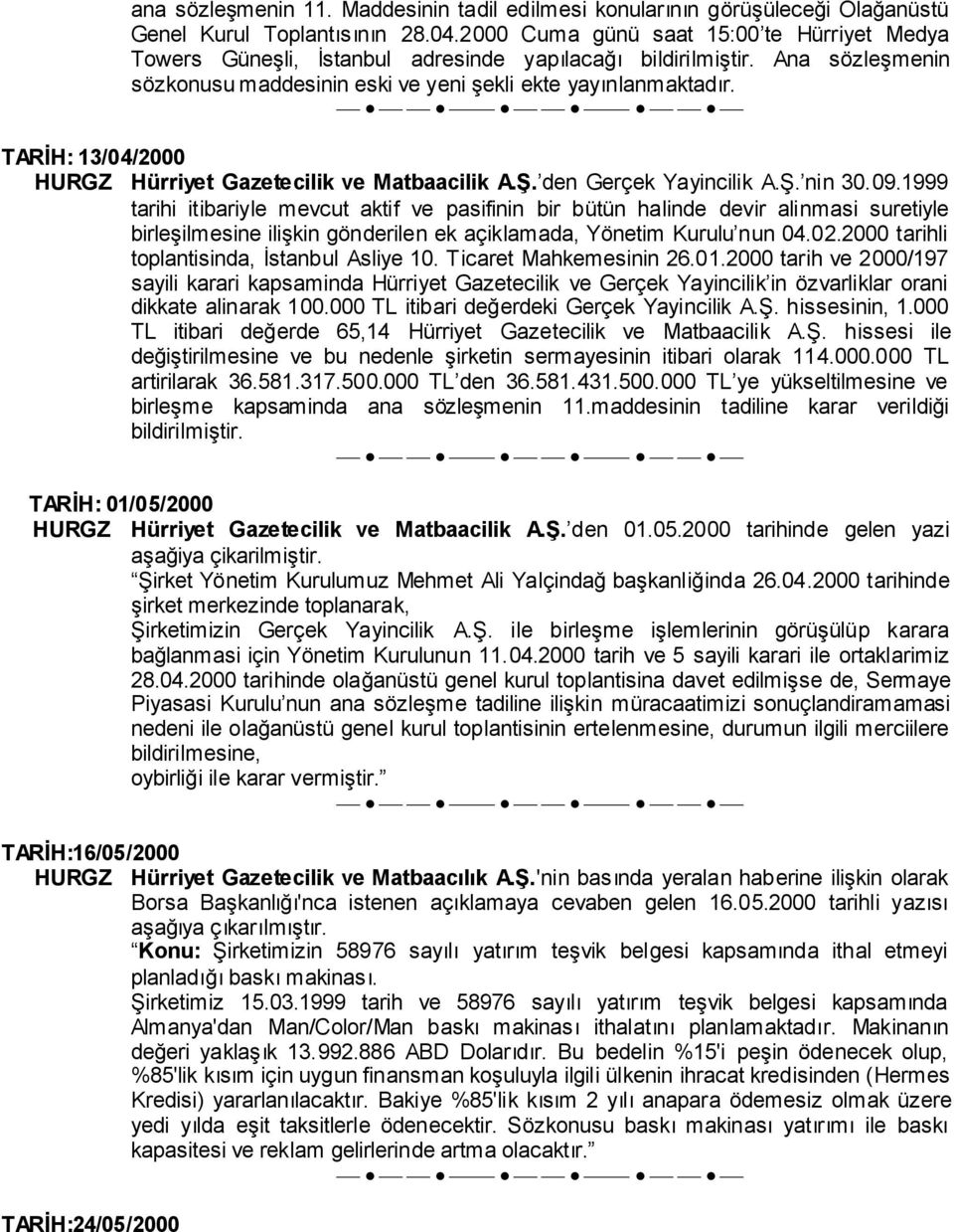 TARİH: 13/04/2000 HURGZ Hürriyet Gazetecilik ve Matbaacilik A.Ş. den Gerçek Yayincilik A.Ş. nin 30.09.