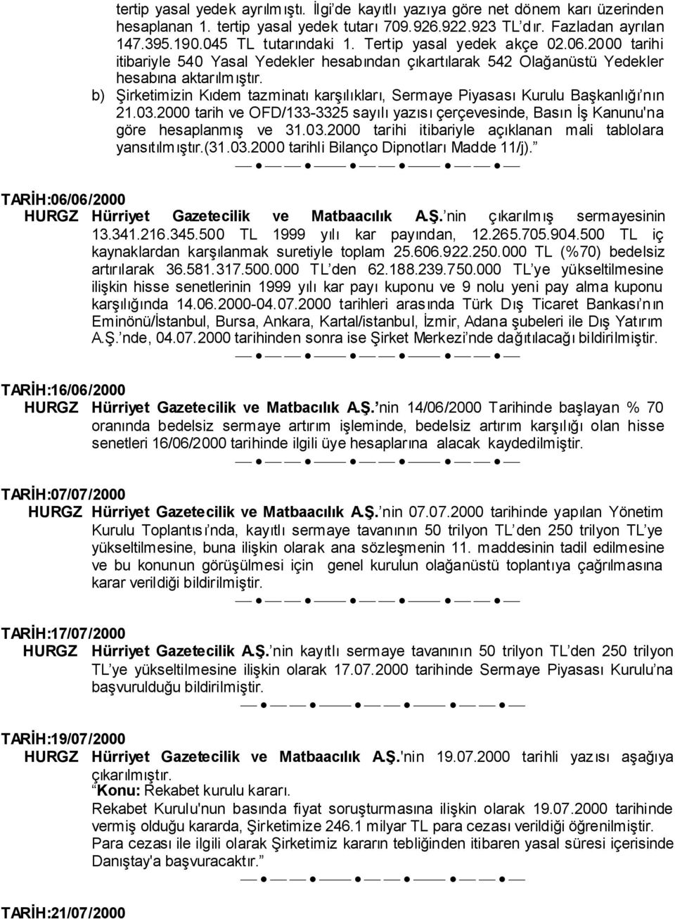 b) Şirketimizin Kıdem tazminatı karşılıkları, Sermaye Piyasası Kurulu Başkanlığı nın 21.03.2000 tarih ve OFD/133-3325 sayılı yazısı çerçevesinde, Basın İş Kanunu'na göre hesaplanmış ve 31.03.2000 tarihi itibariyle açıklanan mali tablolara yansıtılmıştır.