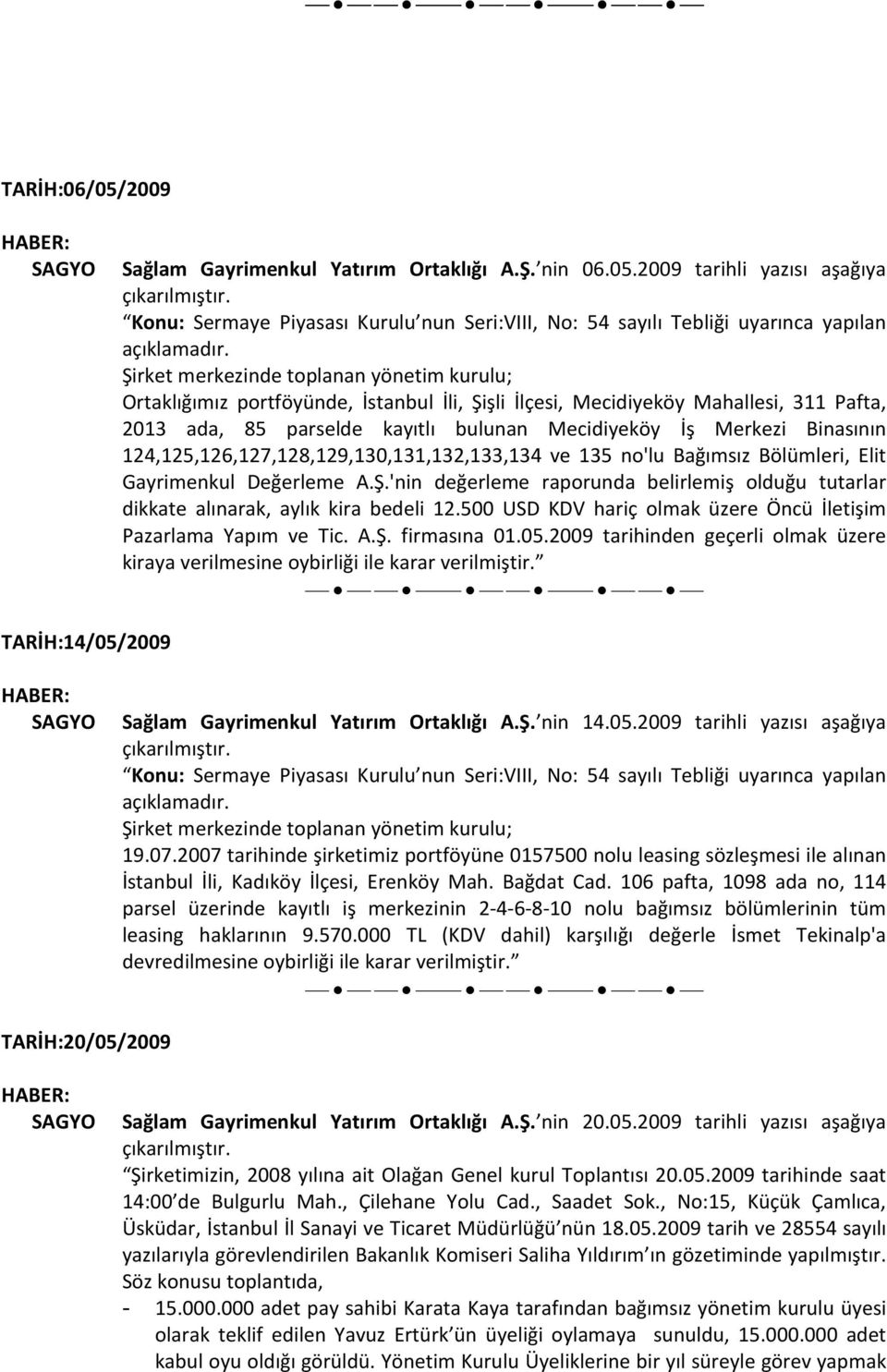 2009 tarihli yazısı aşağıya Şirket merkezinde toplanan yönetim kurulu; Ortaklığımız portföyünde, İstanbul İli, Şişli İlçesi, Mecidiyeköy Mahallesi, 311 Pafta, 2013 ada, 85 parselde kayıtlı bulunan