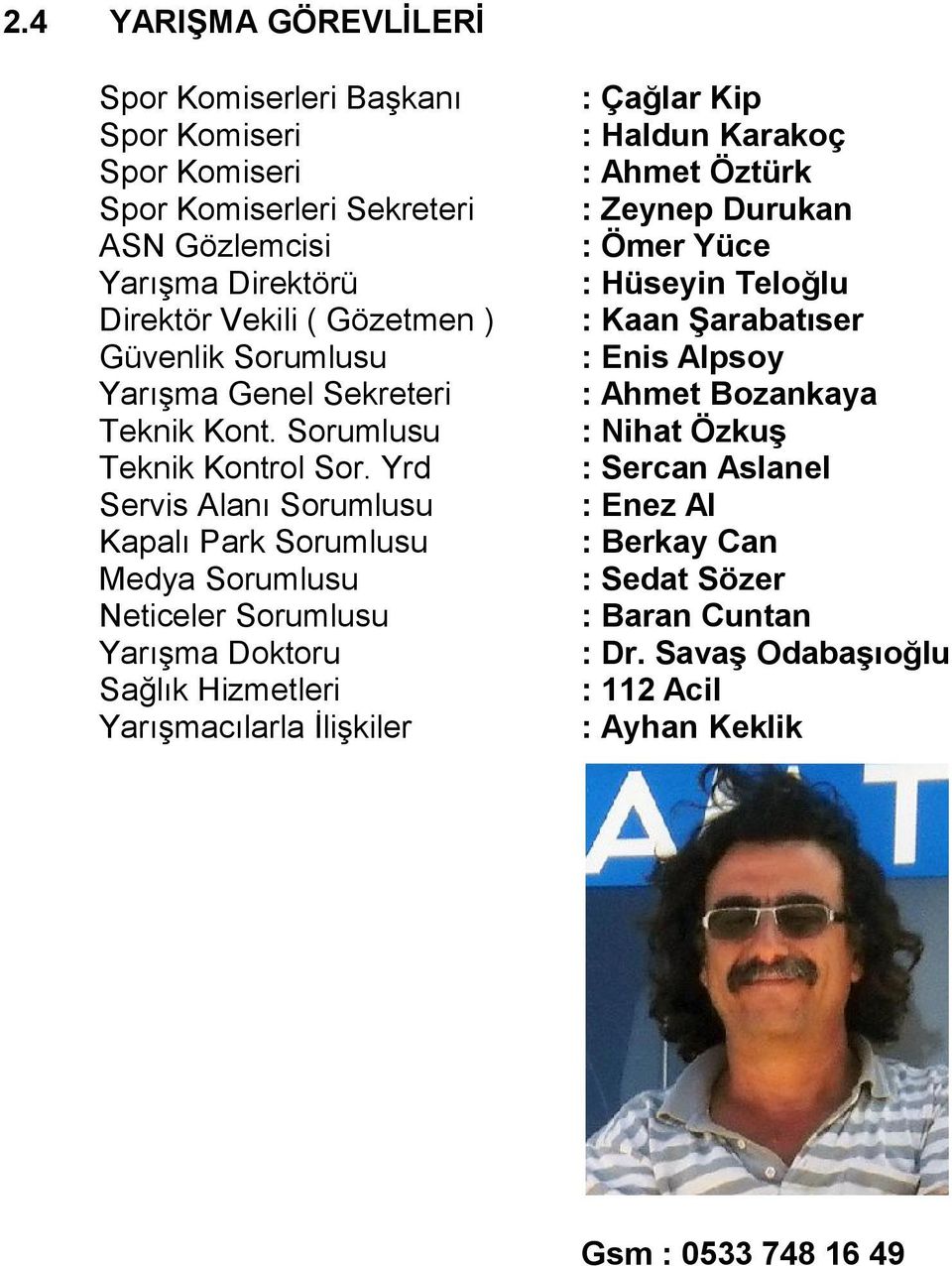 Yrd Servis Alanı Sorumlusu Kapalı Park Sorumlusu Medya Sorumlusu Neticeler Sorumlusu Yarışma Doktoru Sağlık Hizmetleri Yarışmacılarla İlişkiler : Çağlar Kip : Haldun