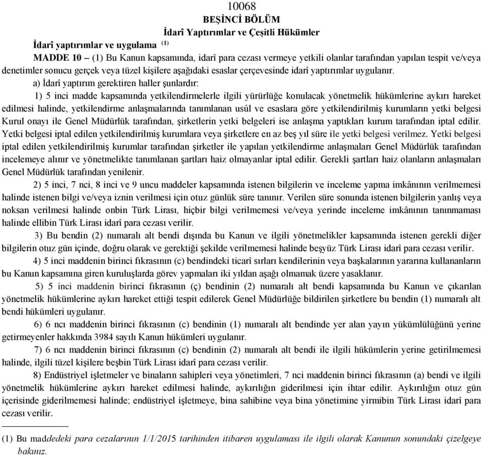 a) İdarî yaptırım gerektiren haller şunlardır: 1) 5 inci madde kapsamında yetkilendirmelerle ilgili yürürlüğe konulacak yönetmelik hükümlerine aykırı hareket edilmesi halinde, yetkilendirme