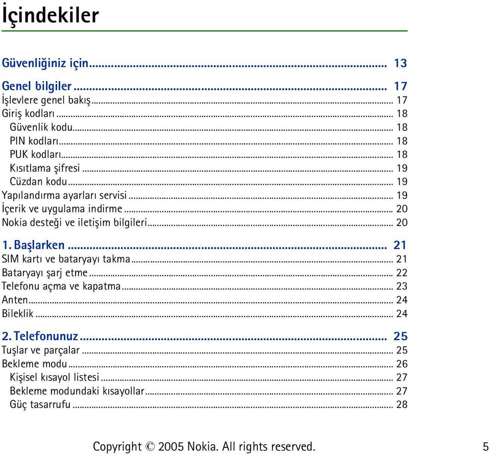 .. 20 Nokia desteði ve iletiþim bilgileri... 20 1. Baþlarken... 21 SIM kartý ve bataryayý takma... 21 Bataryayý þarj etme... 22 Telefonu açma ve kapatma.