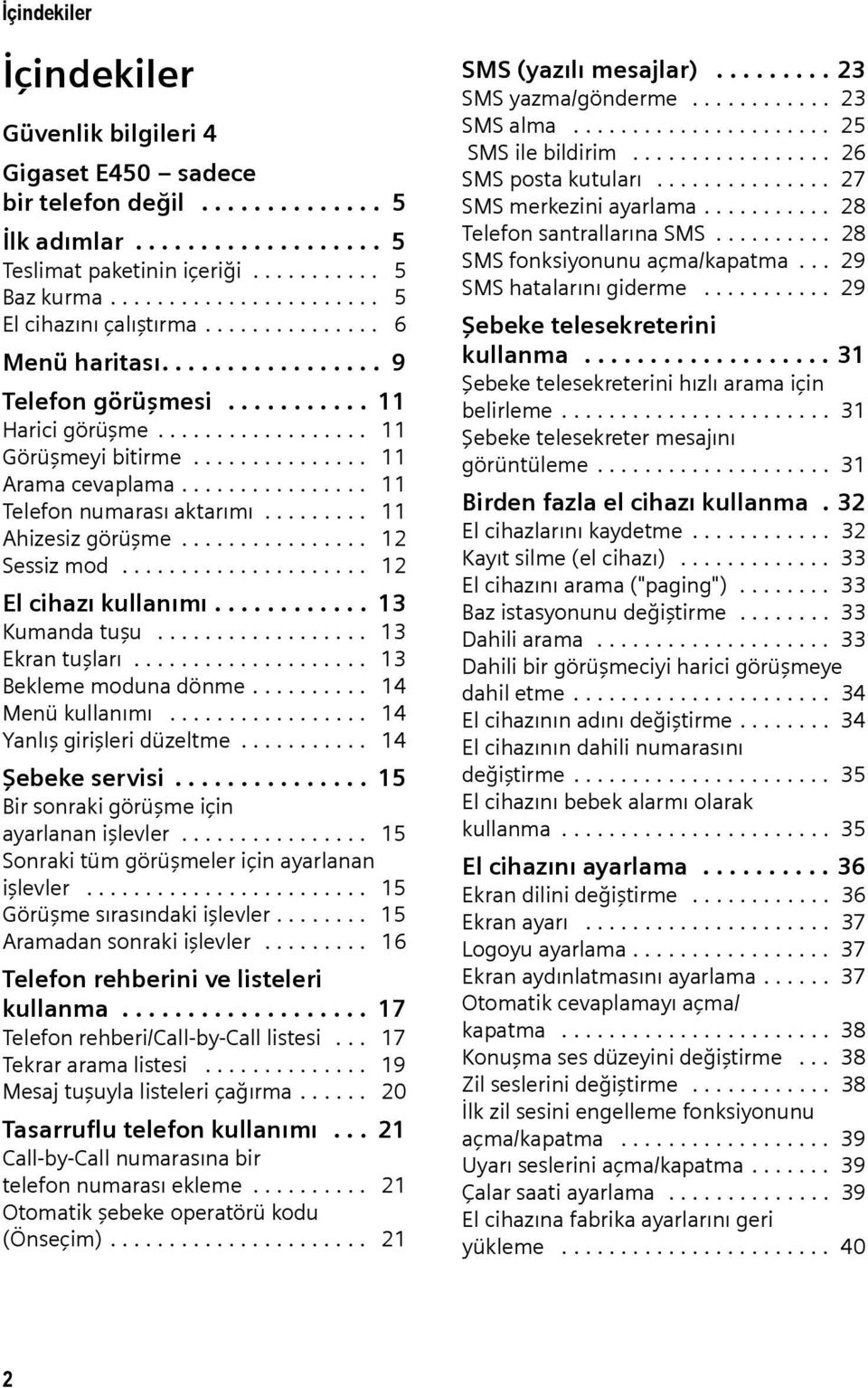 .............. 11 Arama cevaplama................ 11 Telefon numarası aktarımı......... 11 Ahizesiz görüşme................ 12 Sessiz mod..................... 12 El cihazı kullanımı............ 13 Kumanda tuşu.