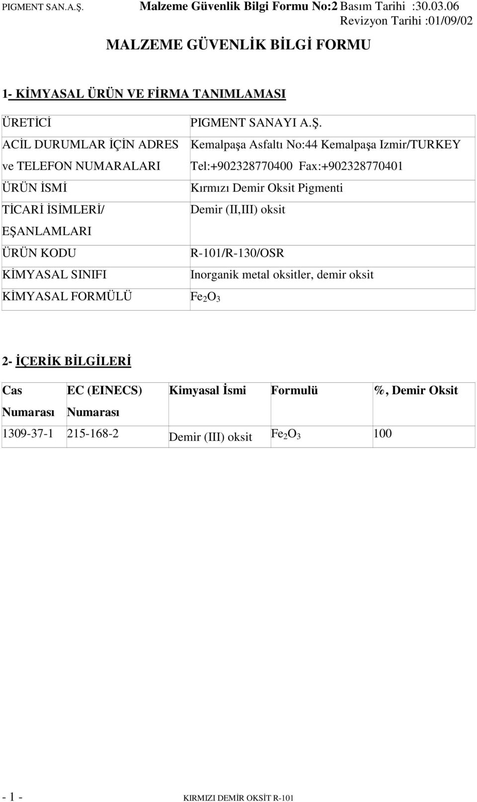 NLAMLARI ÜRÜN KODU KĐMYASAL SINIFI PIGMENT SANAYI A.Ş.