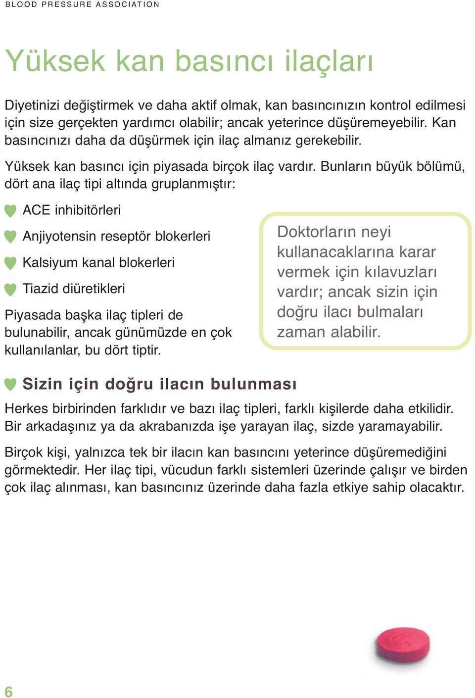 Bunların büyük bölümü, dört ana ilaç tipi altında gruplanmıştır: ACE inhibitörleri Anjiyotensin reseptör blokerleri Kalsiyum kanal blokerleri Tiazid diüretikleri Piyasada başka ilaç tipleri de