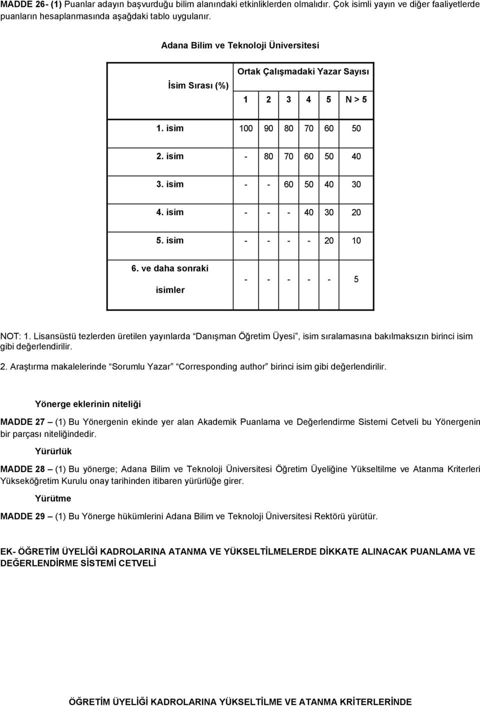 ve daha sonraki isimler - - - - - NOT:. Lisansüstü tezlerden üretilen yayınlarda Danışman Öğretim Üyesi, isim sıralamasına bakılmaksızın birinci isim gibi değerlendirilir.