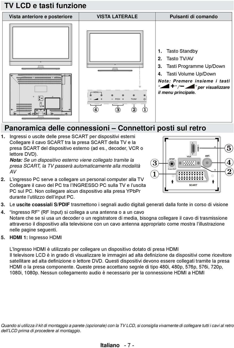 Ingressi o uscite delle prese SCART per dispositivi esterni Collegare il cavo SCART tra la presa SCART della TV e la presa SCART del dispositivo esterno (ad es., decoder, VCR o lettore DVD).