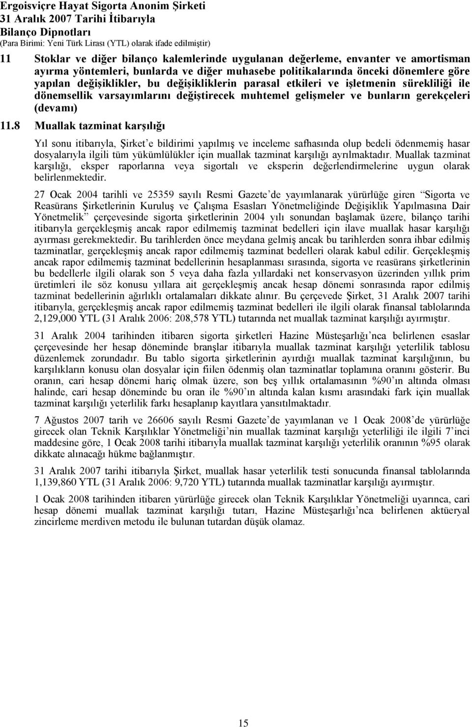 8 Muallak tazminat karģılığı Yıl sonu itibarıyla, ġirket e bildirimi yapılmıģ ve inceleme safhasında olup bedeli ödenmemiģ hasar dosyalarıyla ilgili tüm yükümlülükler için muallak tazminat karģılığı