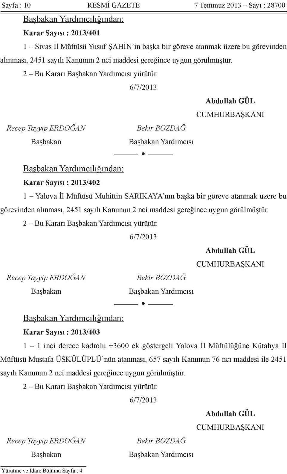 Yardımcısı Yardımcılığından: Karar Sayısı : 2013/402 1 Yalova İl Müftüsü Muhittin SARIKAYA nın başka bir göreve atanmak üzere bu görevinden alınması, 2451 sayılı  Yardımcısı Yardımcılığından: Karar