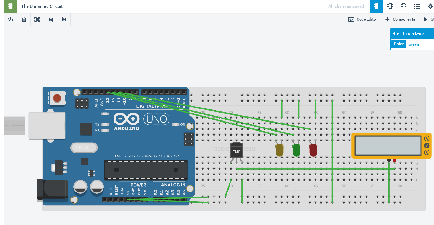 Bölüm 3: ARDUINO PROJELERİ Konu 4.2.2: BREADBOARD DÜZENİ TMP36 sıcaklık sensorunun 3 adet bağlantı pini vardır, Soldaki: +5V Ortadaki :Sinyal ucu Arduino'nun analog 0. pine bağlanacaktır.