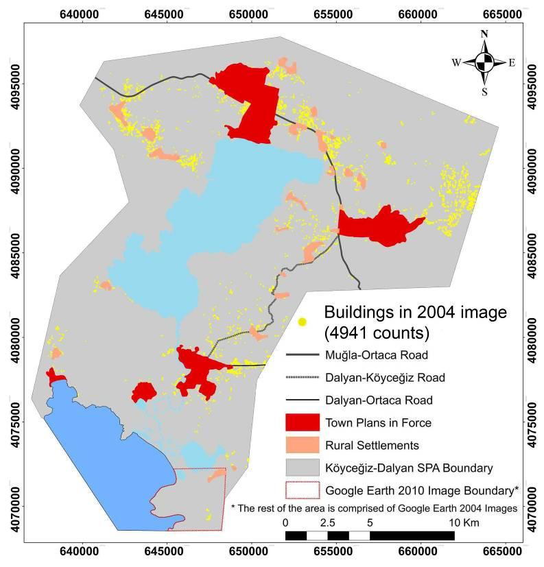 Yapılaşmanın Mekansal Dağılımı (2004) Köyceğiz Beyobası Dalyan Ekincik 2004 Google Earth görüntüsüne göre yapılar (4941 yapı) Muğla Ortaca Yolu Dalyan Köyceğiz Yolu Çandır Dalyan - Ortaca Yolu Mevcut