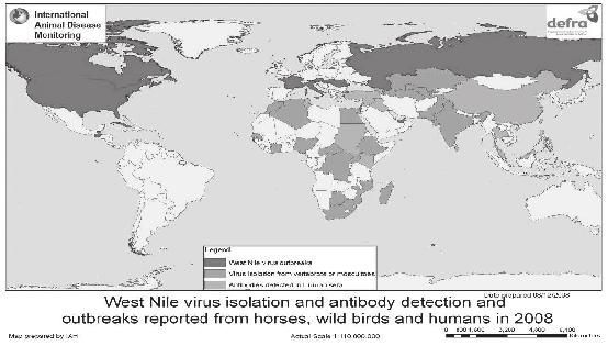 Harita 1: BNV un dünyadaki dağılımı Göçmen kuşlar virus yayılımında, hastalığın endemik olduğu bölgelerden sporadik salgınların çıktığı bölgelere virusu taşımaları da dahil olmak üzere birincil rolü